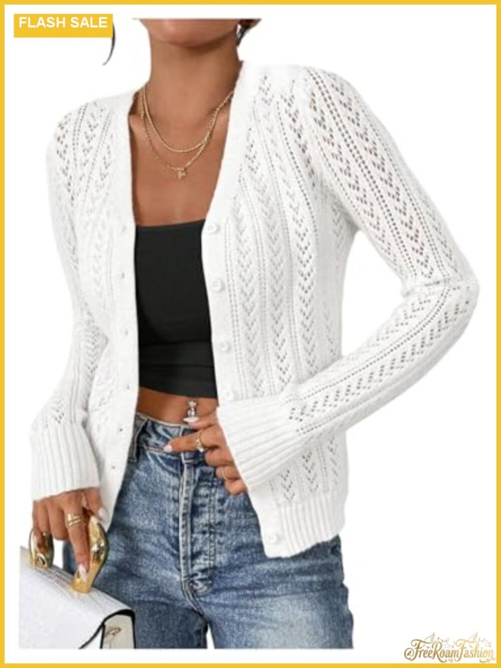 Pointelle Cropped Cardigan Women V-Neck Long Sleeve Button Up Lightweight Knit